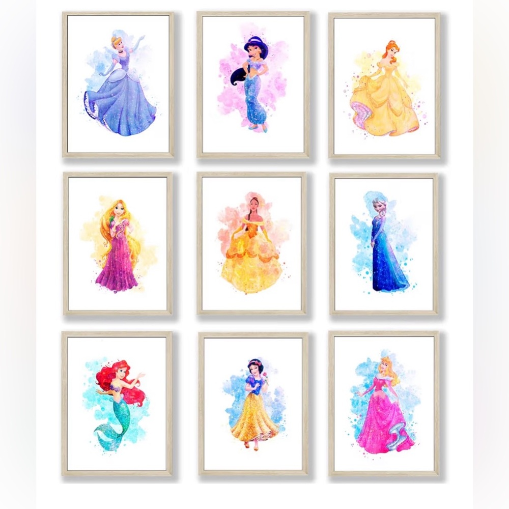 Set of 9 Watercolor Princess Art Prints - Colorful Nursery Wall Decor